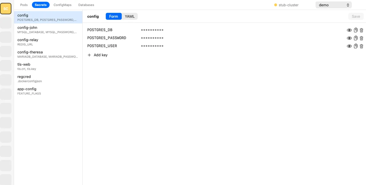 Panel Kubernetes se seznamem Secretů a maskovanými hodnotami